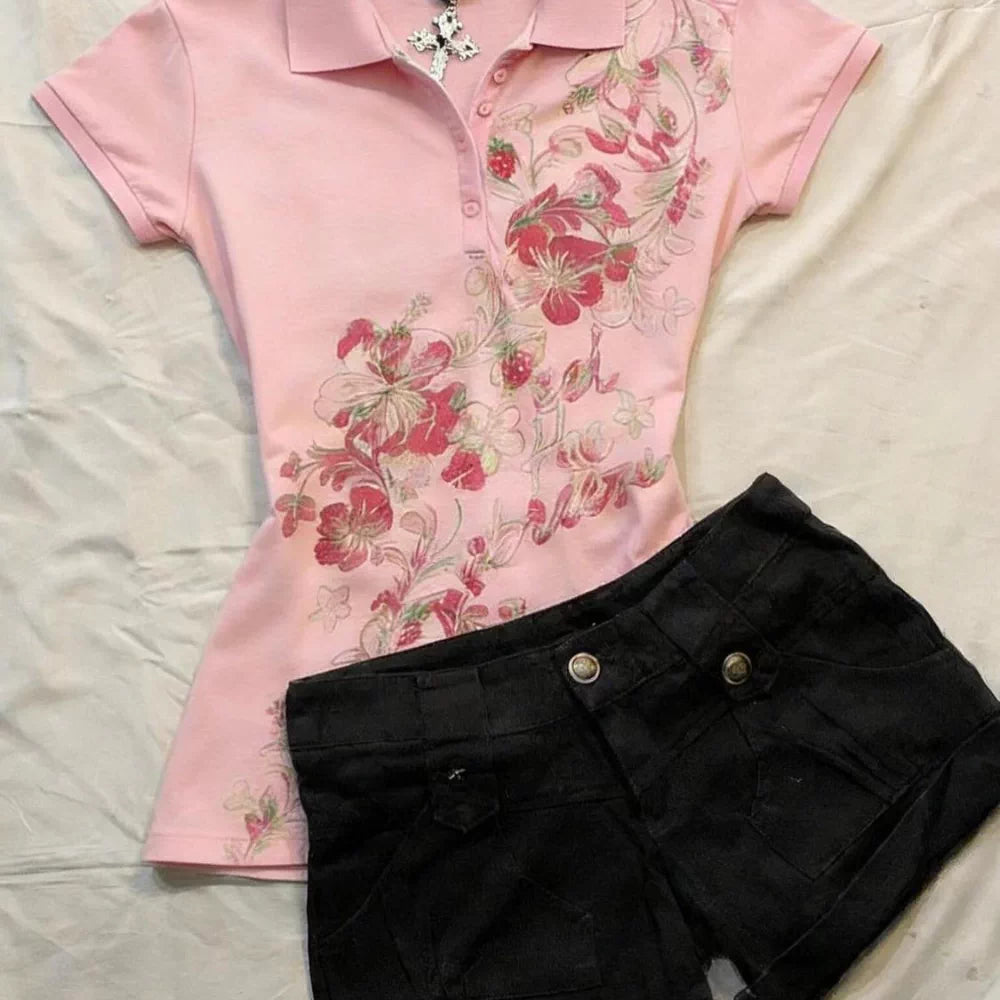 American Retro Vintage Style 2026 Summer New Pink Polo Collar Short-Sleeve Printed Slim-Fit Top