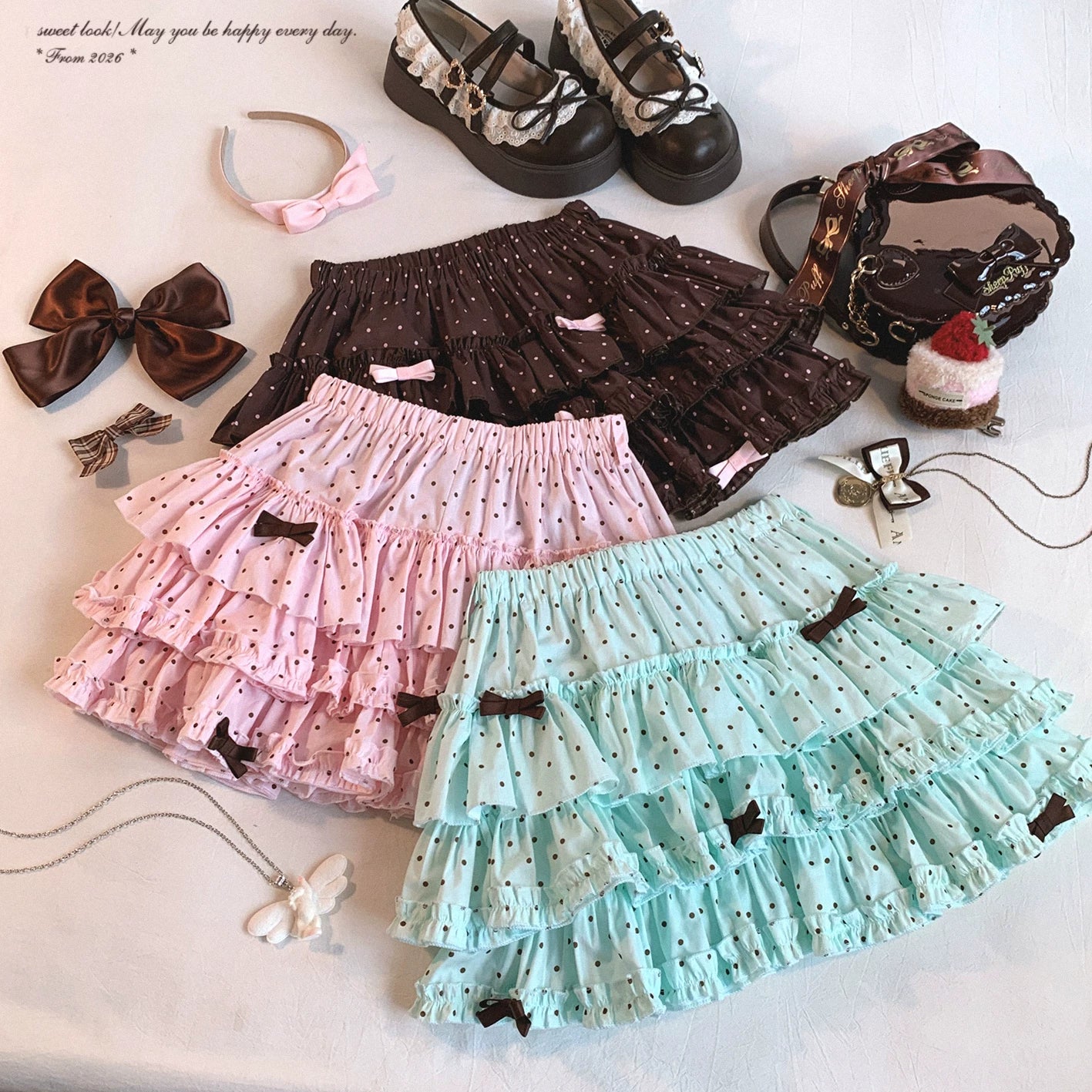 Sleepingdoll Handmade Sweet Vintage Polka Dot Madder Lace-Up Bow Cake Skirt