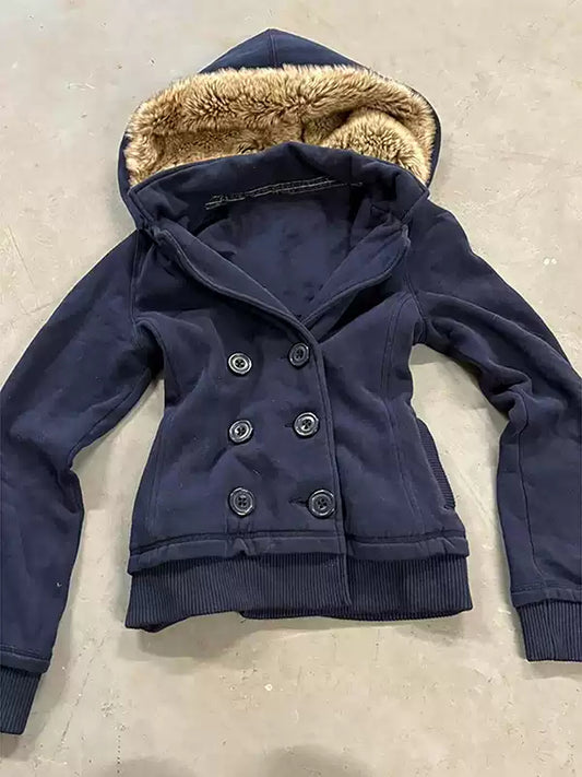 Blue velvet hooded sweatshirt jacket