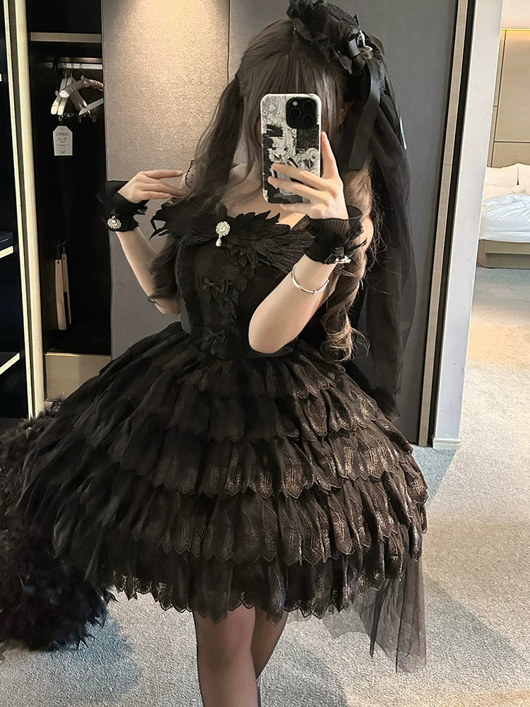 【Little Angel】 Black & White Lolita Dress Ballet Bride Floral JSK Dress Outfit Set – Lolita Wedding Dress