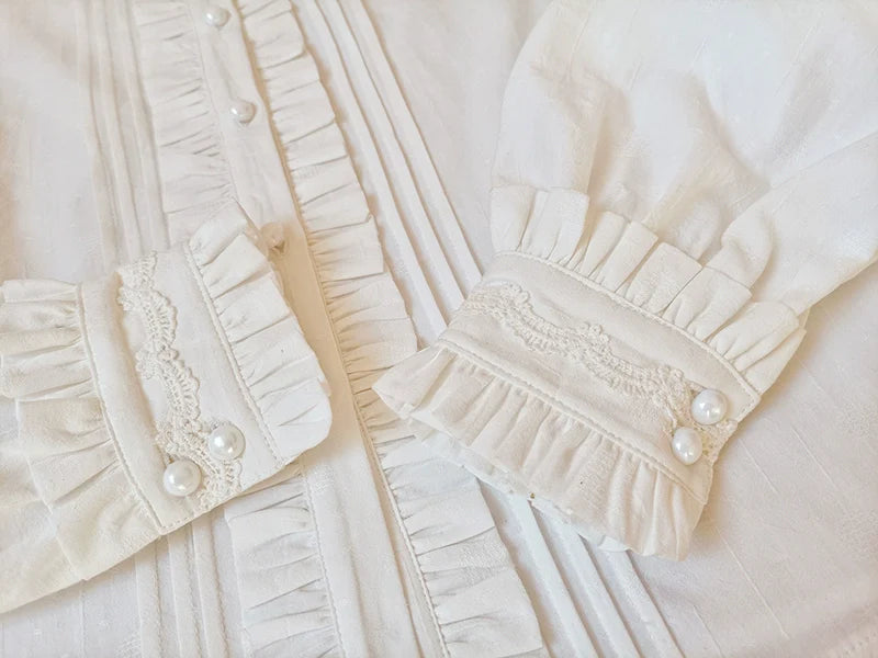 Winter Cotton Lolita Blouse White Long Sleeve Stand Collar Shirt