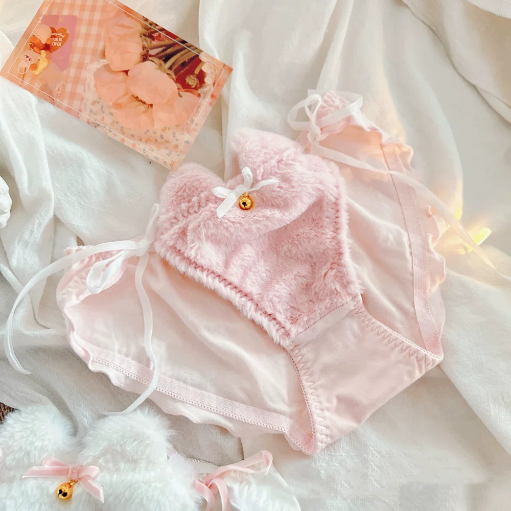 Japanese-Style Cat-Ear Bell Plush Bow-Knot Princess Triangle Cotton Panties—Fresh Cute Lolita Style Lace-Trim for Women