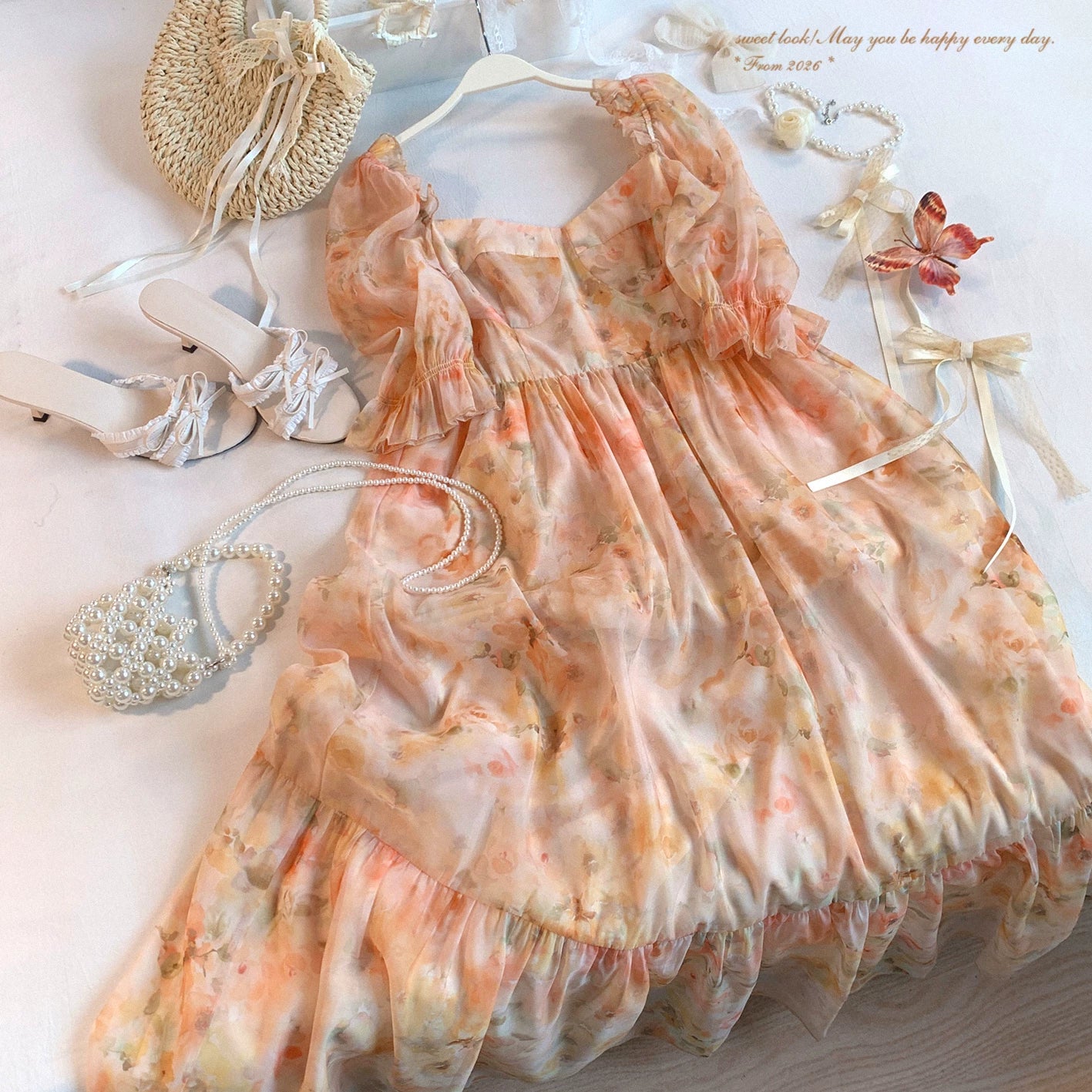 Last-Season Clearance—Vintage Square-Neck Puff-Sleeve Elegant Floral Shimmer Chiffon Dress