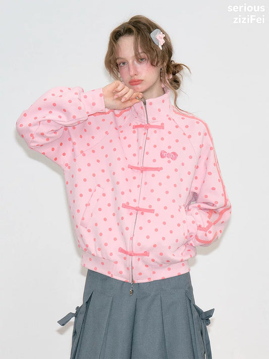 Pink Polka Dot Zip Up Jacket | Vintage Cozy Sweatshirt Jacket for Women