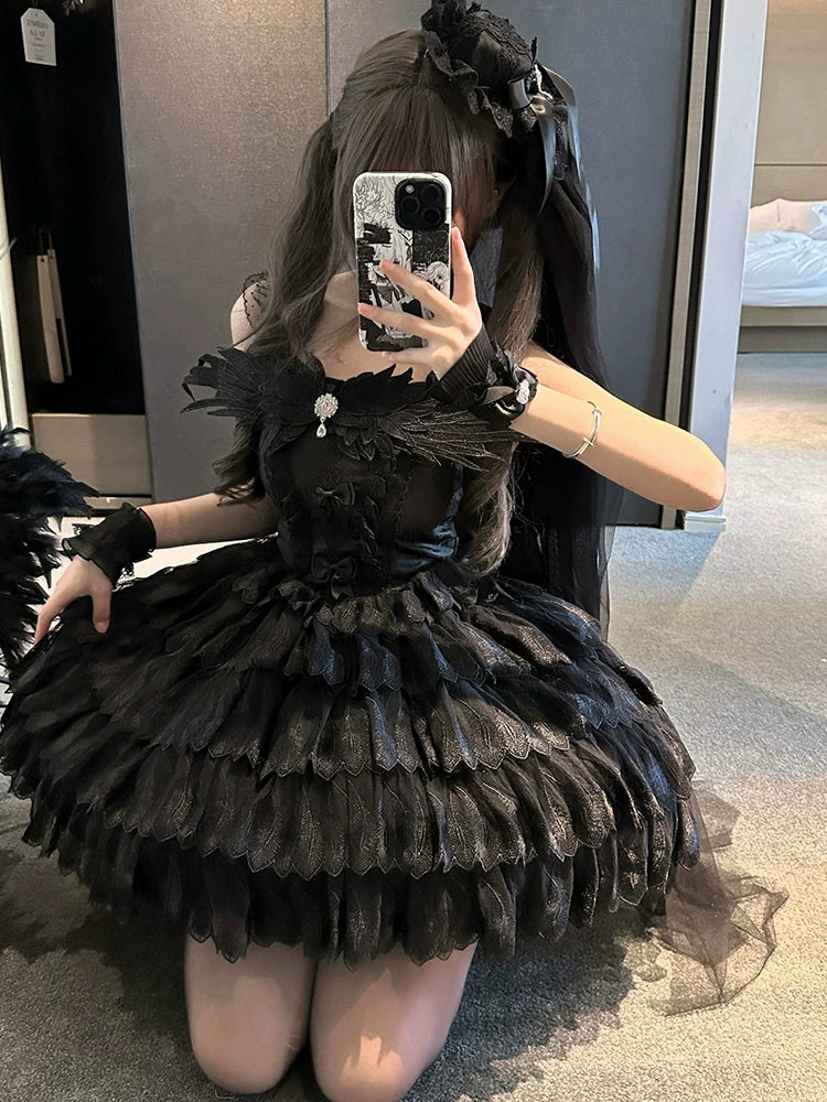 【Little Angel】 Black & White Lolita Dress Ballet Bride Floral JSK Dress Outfit Set – Lolita Wedding Dress