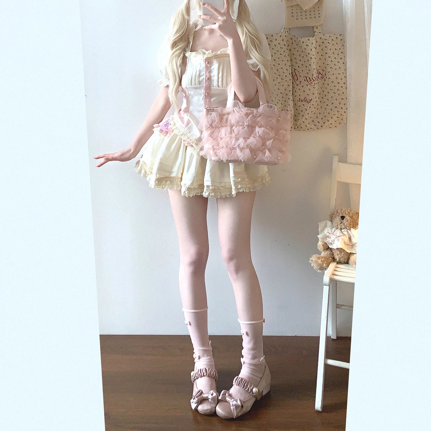 Sleepingdoll Handmade* Magical Girl Jacquard Puff Puff Tulle Lace Dotted Tiered Lace Set