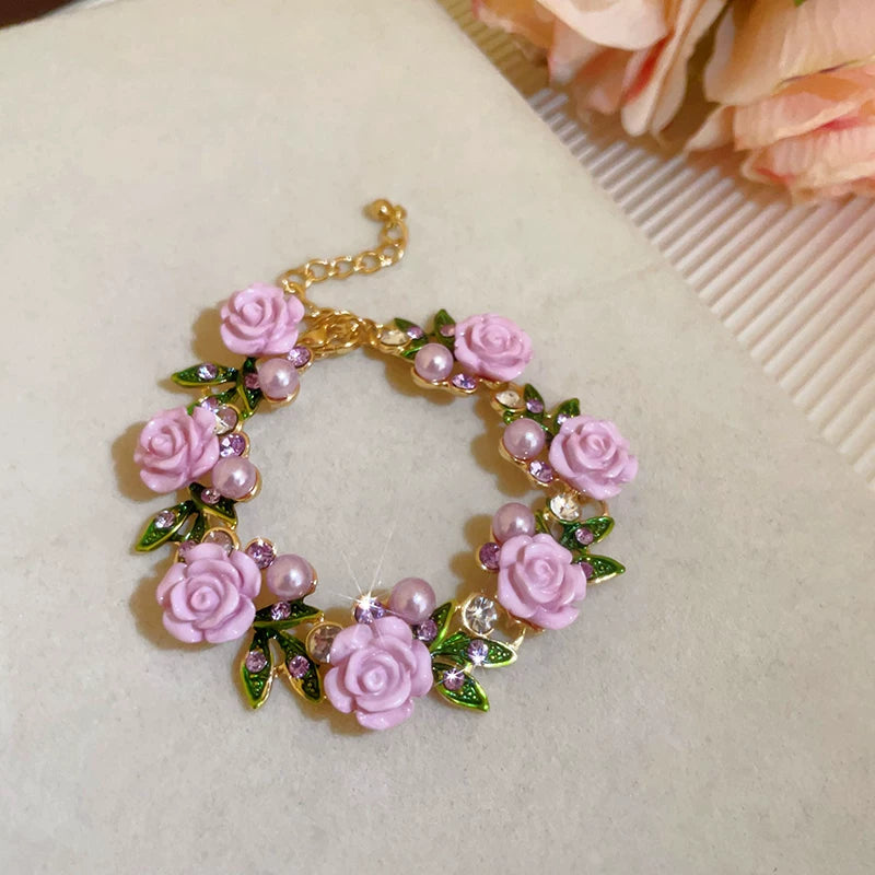 Pearl Collar Necklace with Pink Flowers for Women, Bold Statement Neckwear, 2026 New Fashion Accessory - Purple Flower Pearl Bracelet