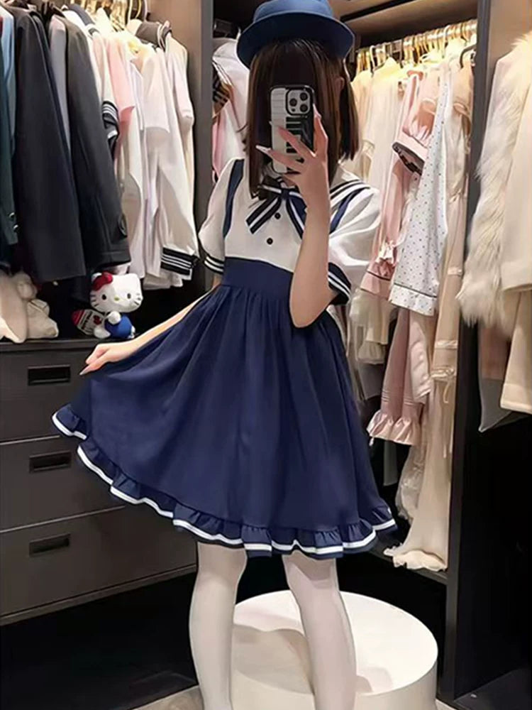 Japanese 2026 Sweet New Academy Summer Dress with Sailor Collar and Butterfly Lace Bow Lolita Princess Dress