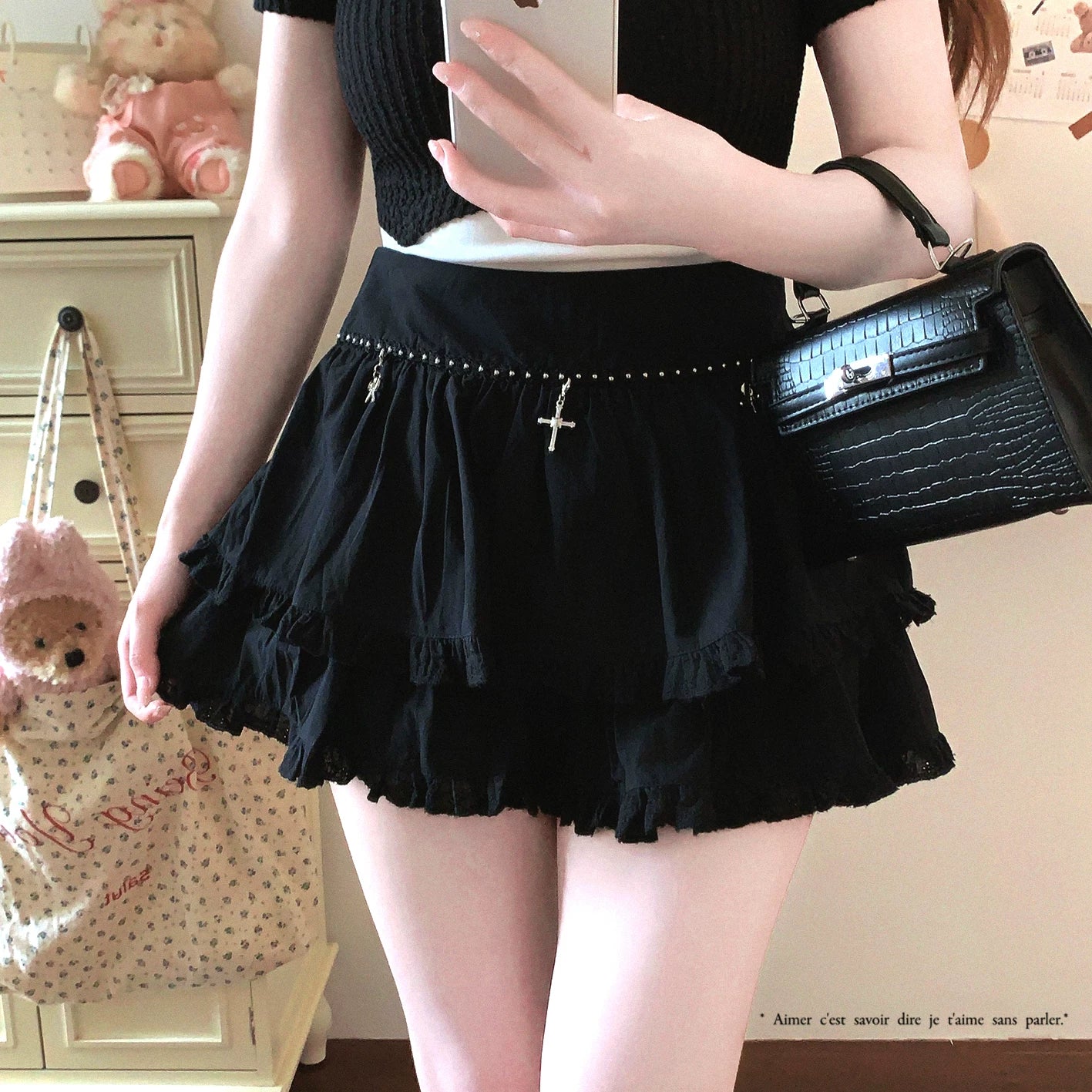 Last-Season Deal Bow Cross Pendant Sweet & Cool Cake-Style Midi Skirt with Frilly Ear-Edge Hem