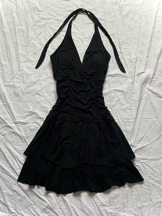 Vintage Black Off-Shoulder Halter Dress with Waist-Defining Fit