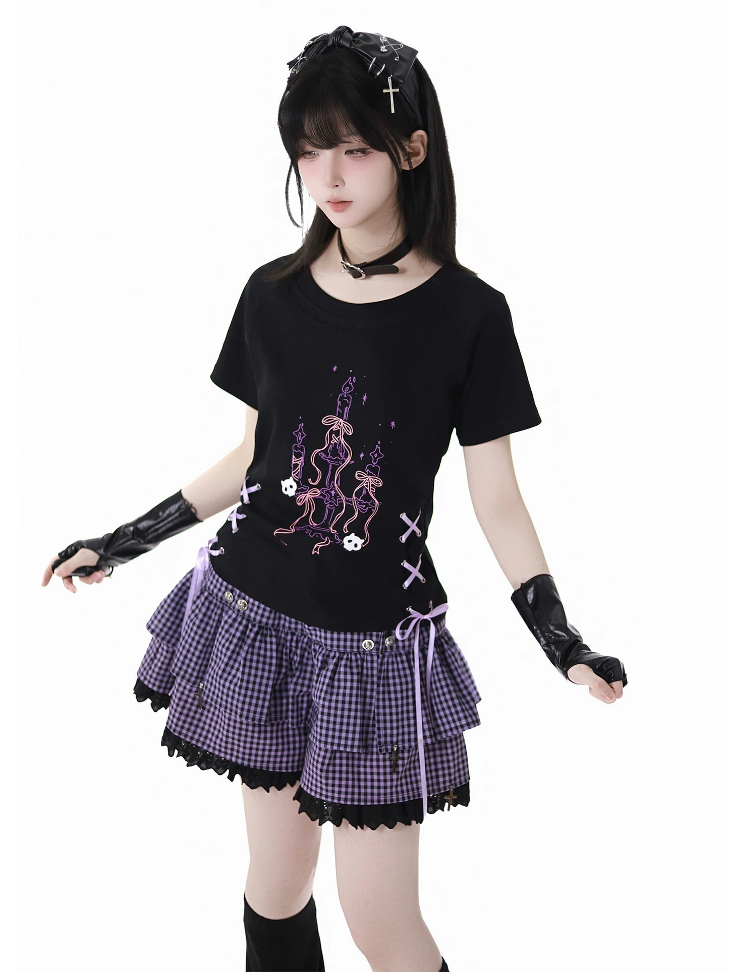 Ready Stock & Fast Shipping 【Interwoven Dreamscape】 Purple Grid Summer Waist-Cinching Color-Block Slimming Cute Short-Sleeve Two-Piece Set