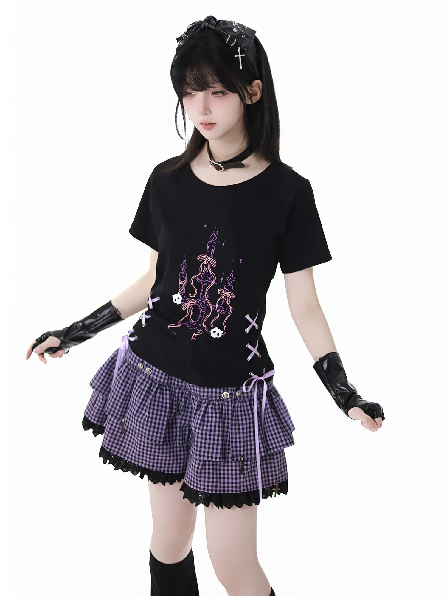 Ready Stock & Fast Shipping 【Interwoven Dreamscape】 Purple Grid Summer Waist-Cinching Color-Block Slimming Cute Short-Sleeve Two-Piece Set