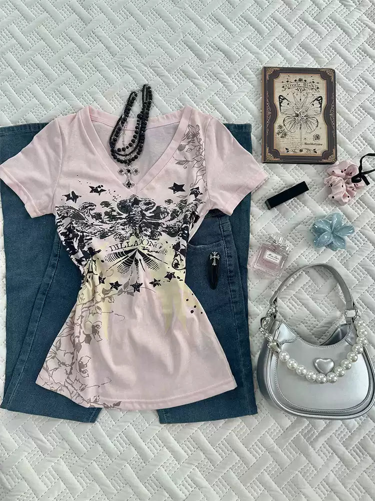 Pink Print V-Neck Top