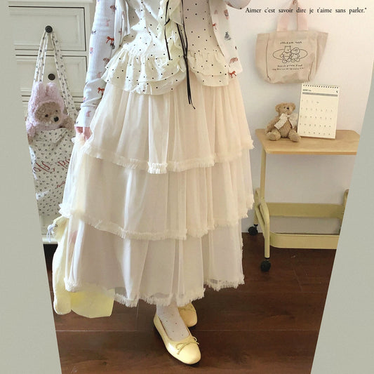 Last Chance High-Waisted Stretch Mesh Panel Ruffle Hem Soft-Style Piece Lace Half Skirt