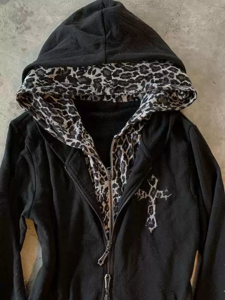 retro fake two-piece hooded leopard sweatshirt jacket