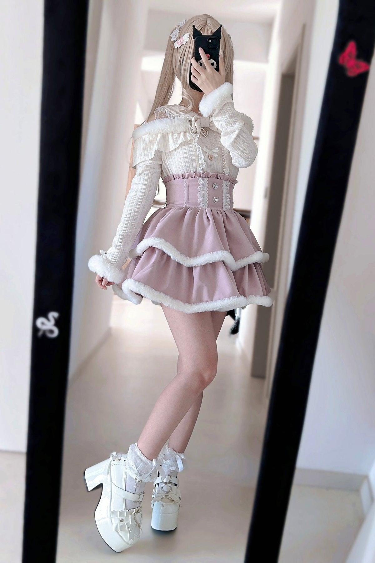 [Pre-order Item] Pearl Lace Ribbon Love Heart Fur Knit Top