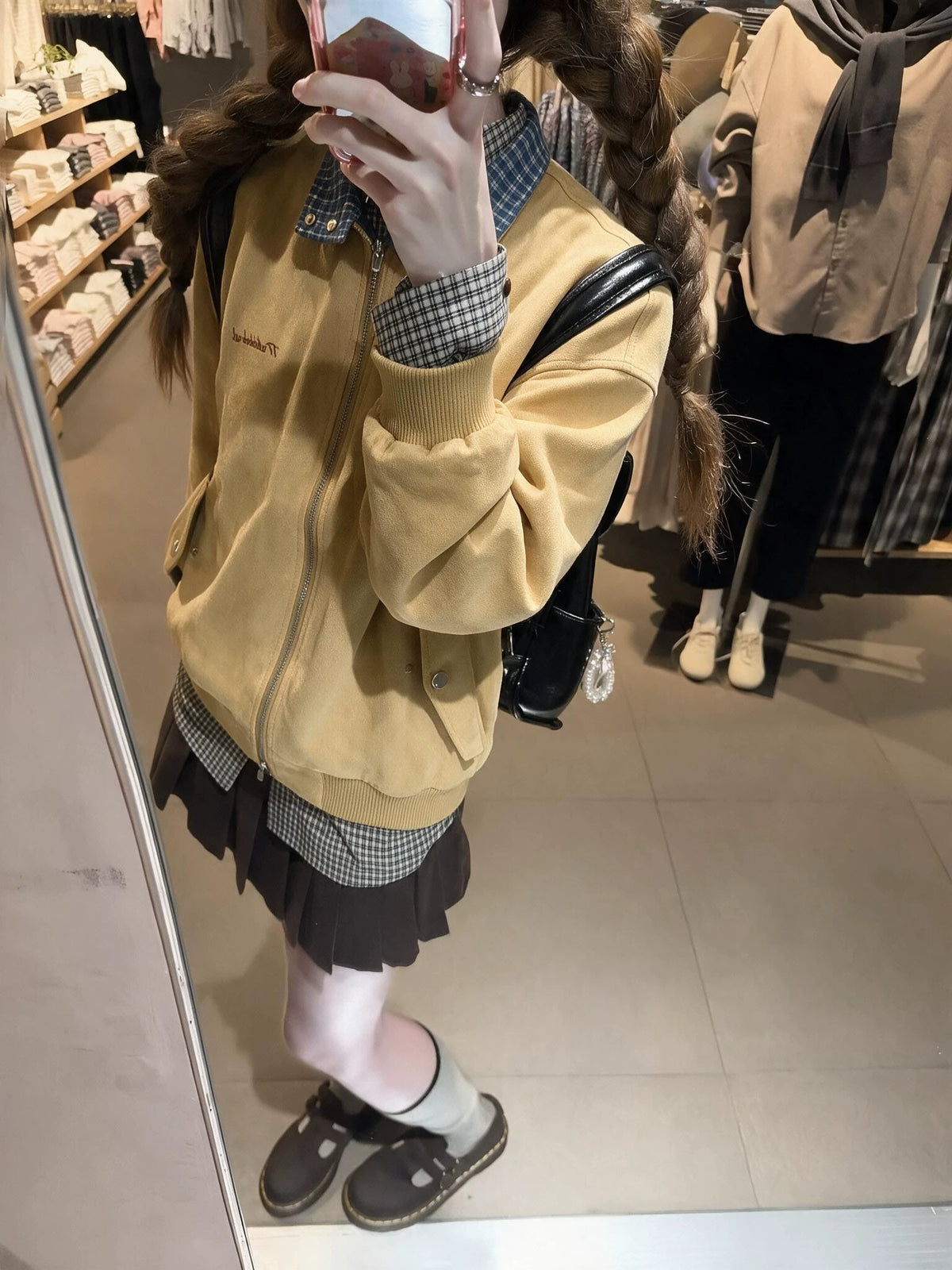 Preppy Plaid-Trim Yellow Faux Suede Lapel Jacket Hoodie for Women, Loose-Fit Fall Baseball Cardigan