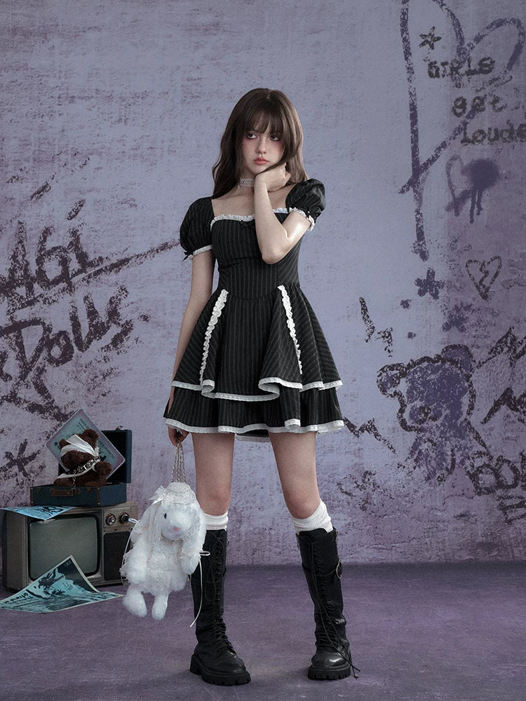 SagiDolls Girls’ Fighting Spirit #Sugar Frost Black Forest# Dark Striped Lace Cake Dress Lolita Sweet