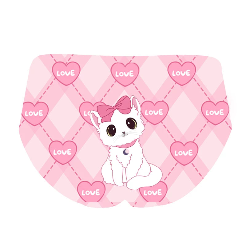 Original Cute Cat Ice-Silk Underwear for Girls, Cotton Gusset, Cartoon “Pure-Desire” Sexy Hip-Embracing, Mid-Low Rise, Heart & Diamond Pattern