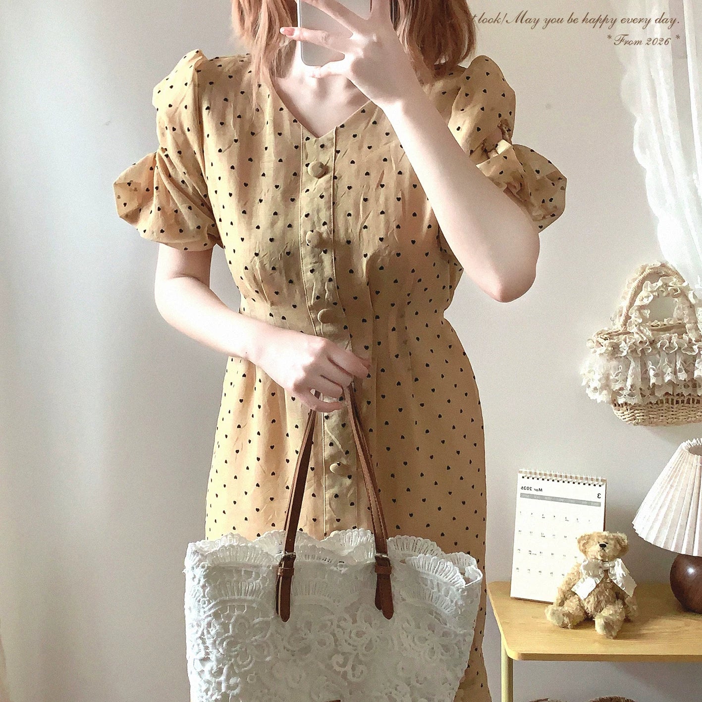 Last-Stock Vintage-Inspired Heart Polka Dot Print Pleated Puff-Sleeve Single-Breasted Dress