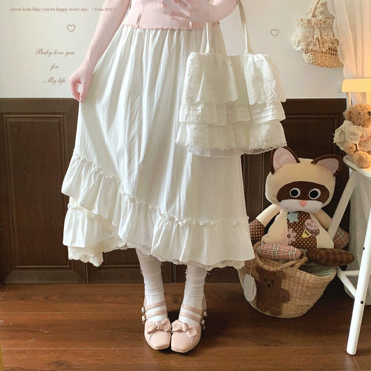 Final Stock Irregular Lace Trim Cottagecore Vintage High-Waisted Cotton Midi Skirt