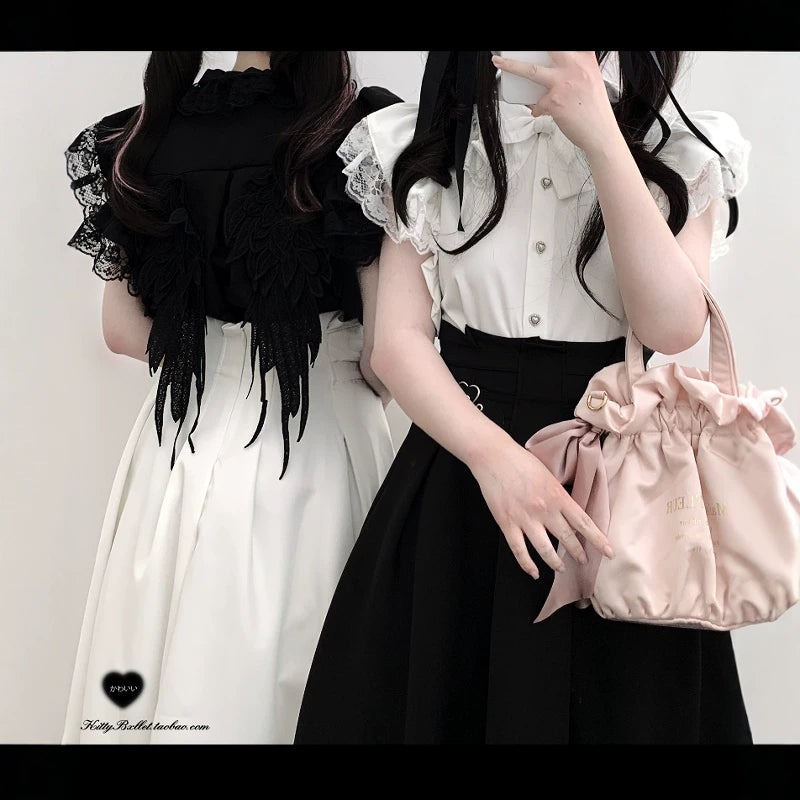 KittyBxllet Original “Angel’s Wings” Ruffle-Style Elegant Lace Peter Pan Collar Flutter-Sleeve Blouse