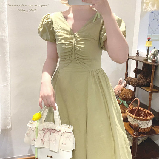 End-of-Season mmyt Vintage Korean-Style Slimming High-Waist Tie-Waist Minimalist Chic Office Dress with Puff Sleeves