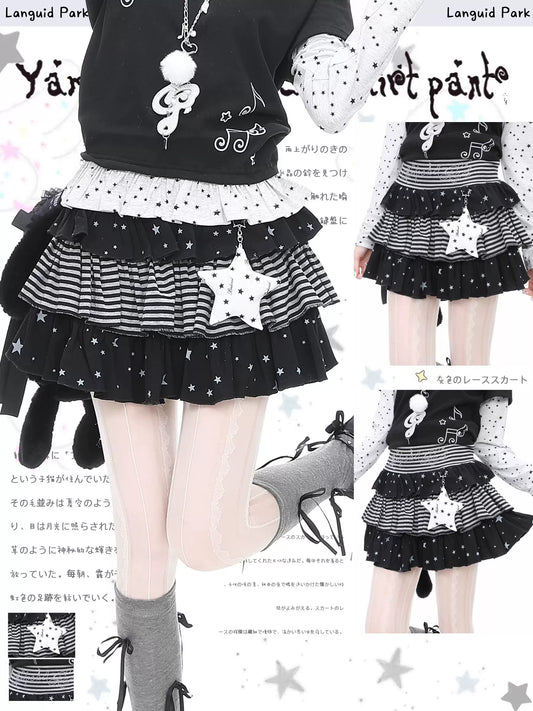 LanguidPark Blue Ghost Park Striped Star Dots Tulle Puffy Skirt for Women—Rhinestone Cake Mini Skirt