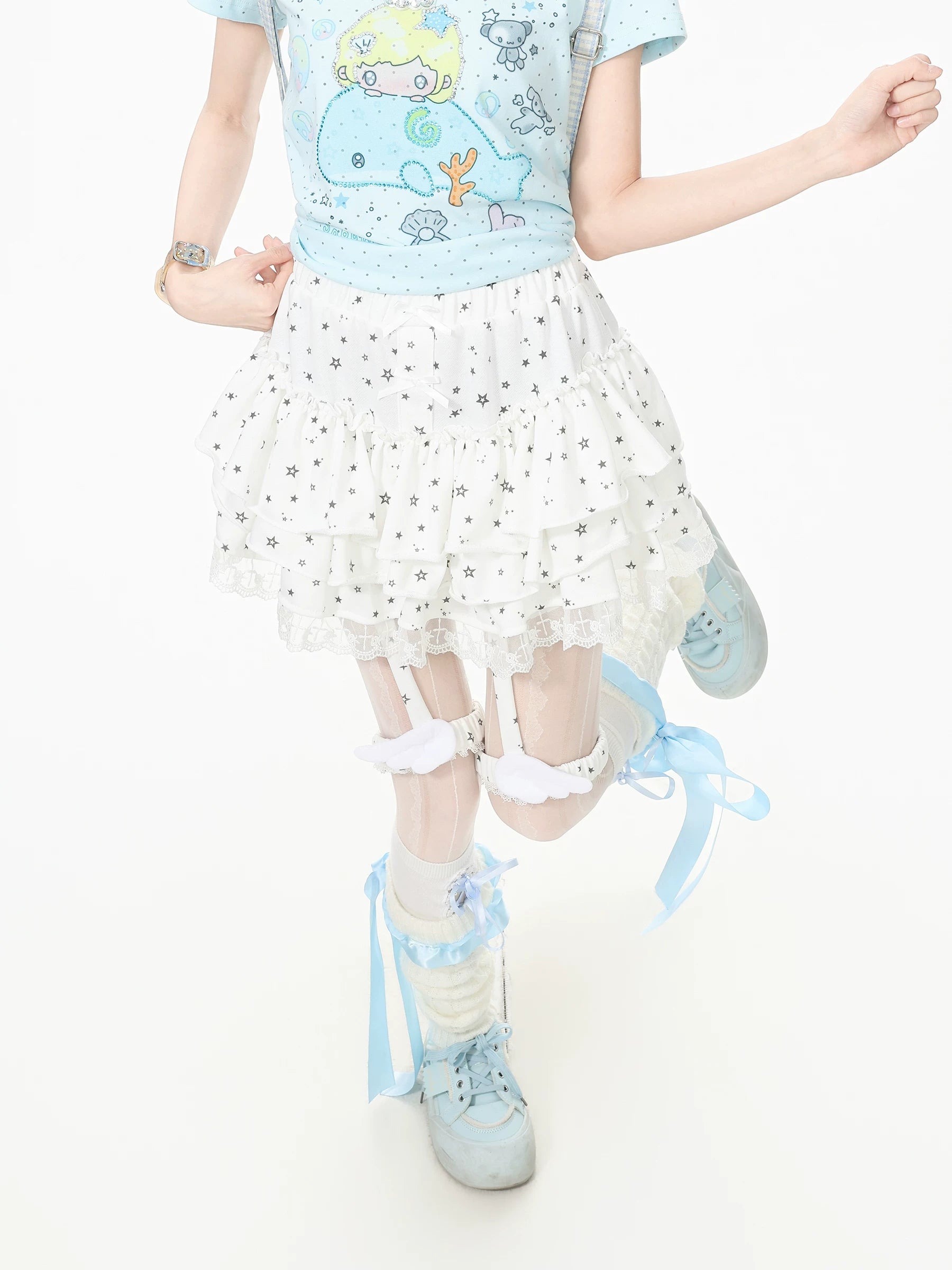 Languid Park Blue-Ghost Park Lace Flounce Petticoat Midi Skirt for Women Summer Bow Lace-Up Short Skirt