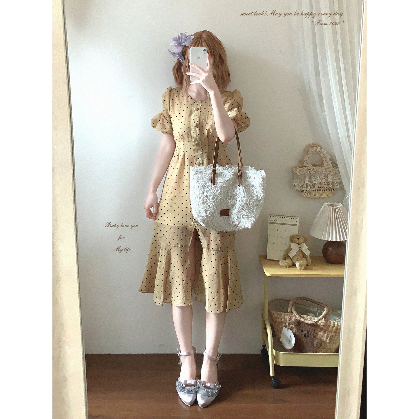 Last-Stock Vintage-Inspired Heart Polka Dot Print Pleated Puff-Sleeve Single-Breasted Dress