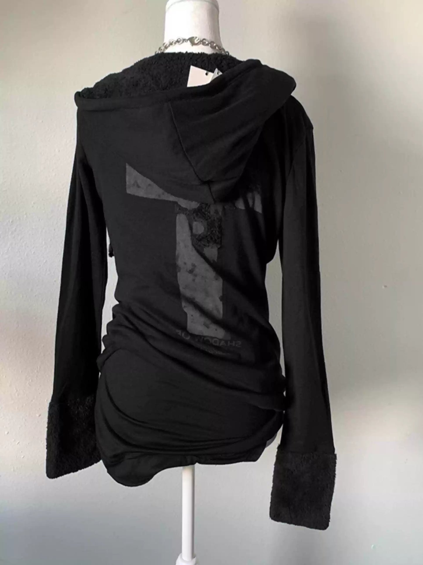 Dark blue lamb wool patchwork hooded sweatshirt