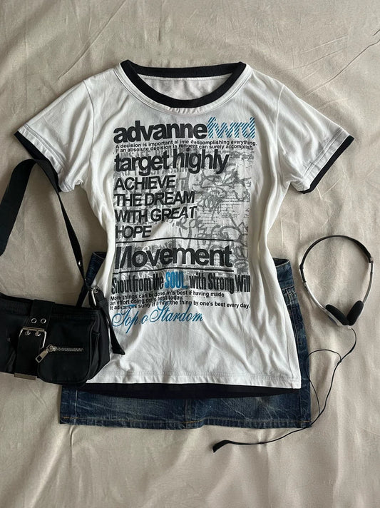 American Vintage Letter Print Short-Sleeve T-Shirt for Women, Designer-Style Color-Block Crewneck Top