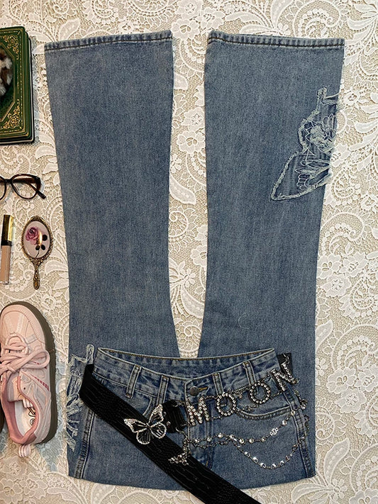 Blue Butterfly Embroidery Flared Jeans for Women Vintage Thrift Y2K Babe Outfit Long Pants