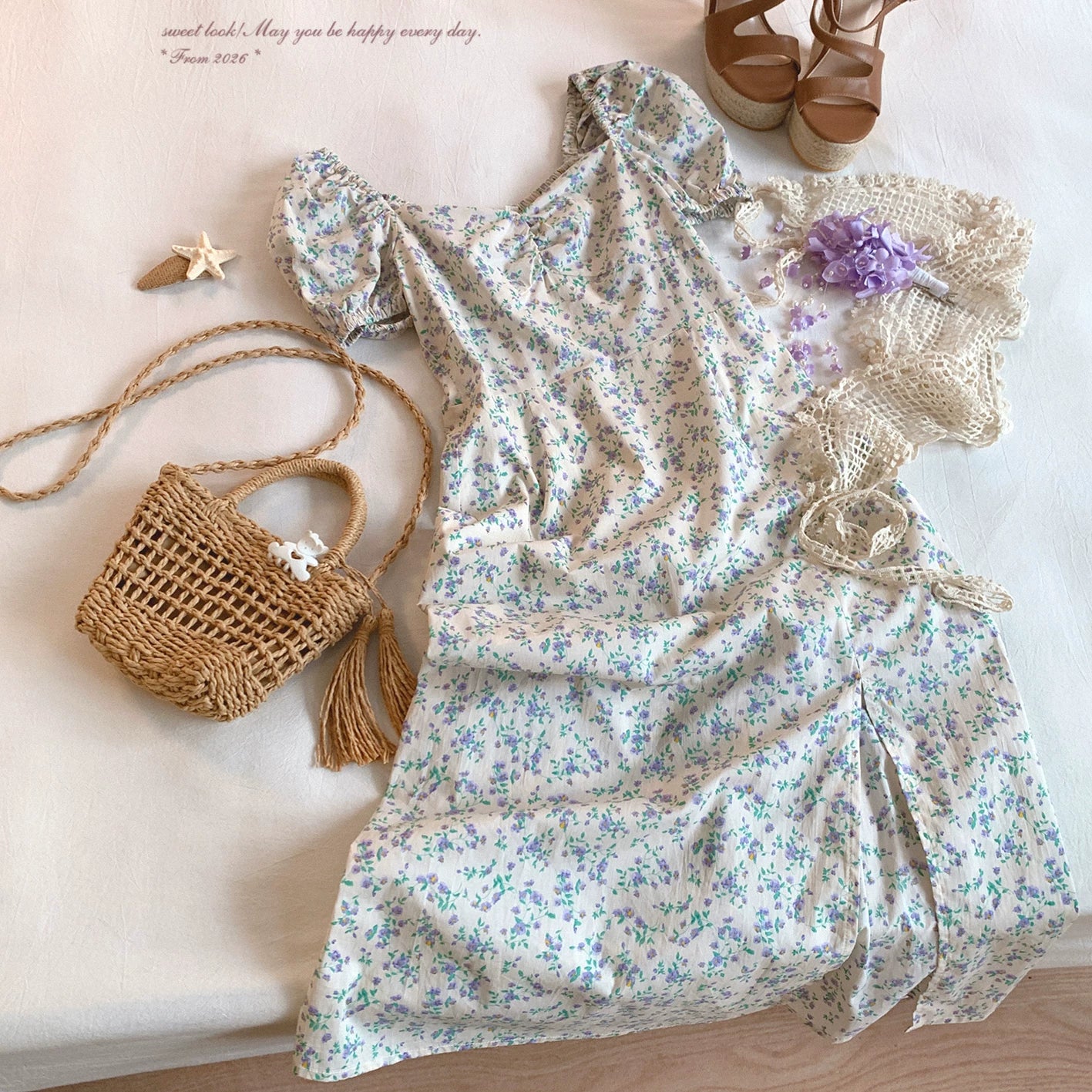 Last-Call Stock: Soft Fabric YGBy French Square Neck Floral Dress—Gentle, Elegant &amp; Vintage Puff Sleeves*