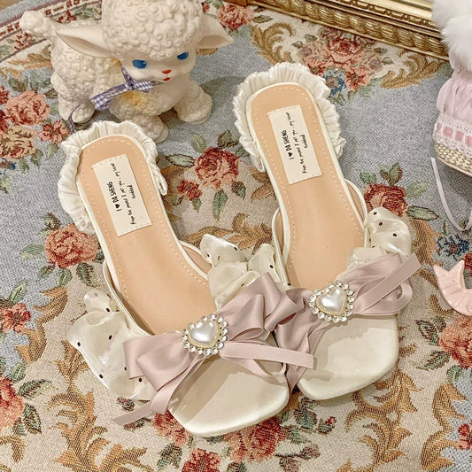 Pinkyo Original Heart Bow Polka Dot Satin Ribbon Sandals Sweet Princess-Style One-Strap Elegant Low-Heel Mules