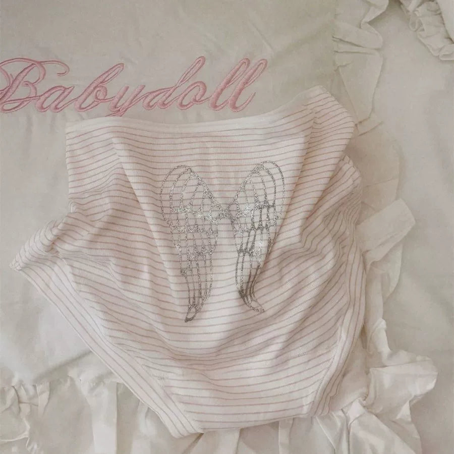 Sequin Angel Wings—European &amp; American BM-Style Striped Cotton Stretch Boyshorts, Comfortable, Cute, Sweet, Soft Mid-Rise Women’s Underwear
