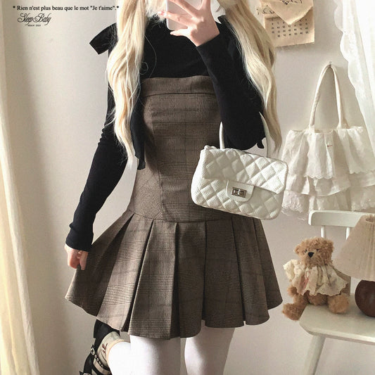 Japanese Style Mj* Vintage Checkered Lace-Up Bow Bodycon Flared Pleated Cami Dress