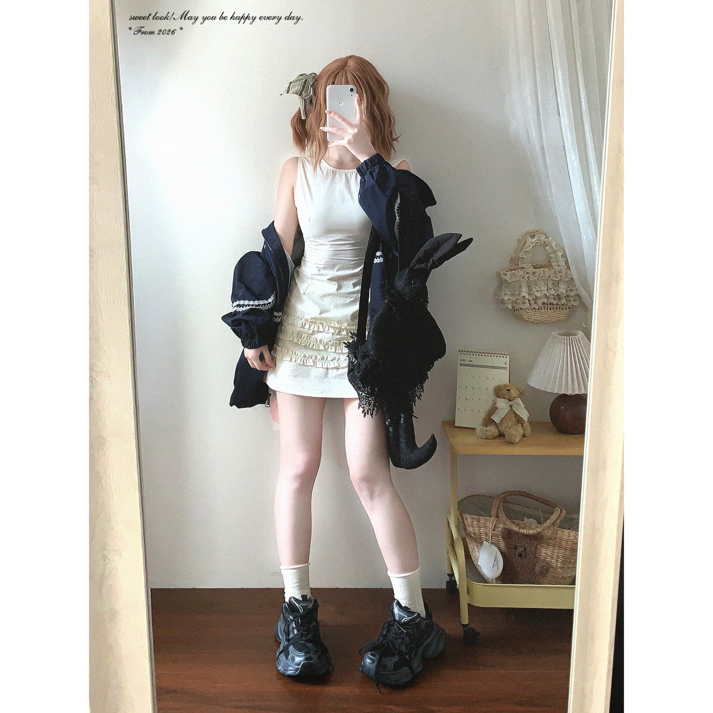 Last-Stock Sale xycdg Sweet Girl Minimal Solid Color Round-Neck Cotton Dress with Ear-Edge Lace Sleeveless
