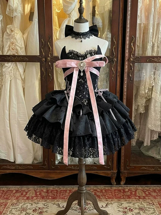 Black Powder Bustier Teen Dress, Ultra-Slimming and Leg-Lengthening Princess-Inspired Mini Dress, “Lolita Princess” Style Little Party Dress