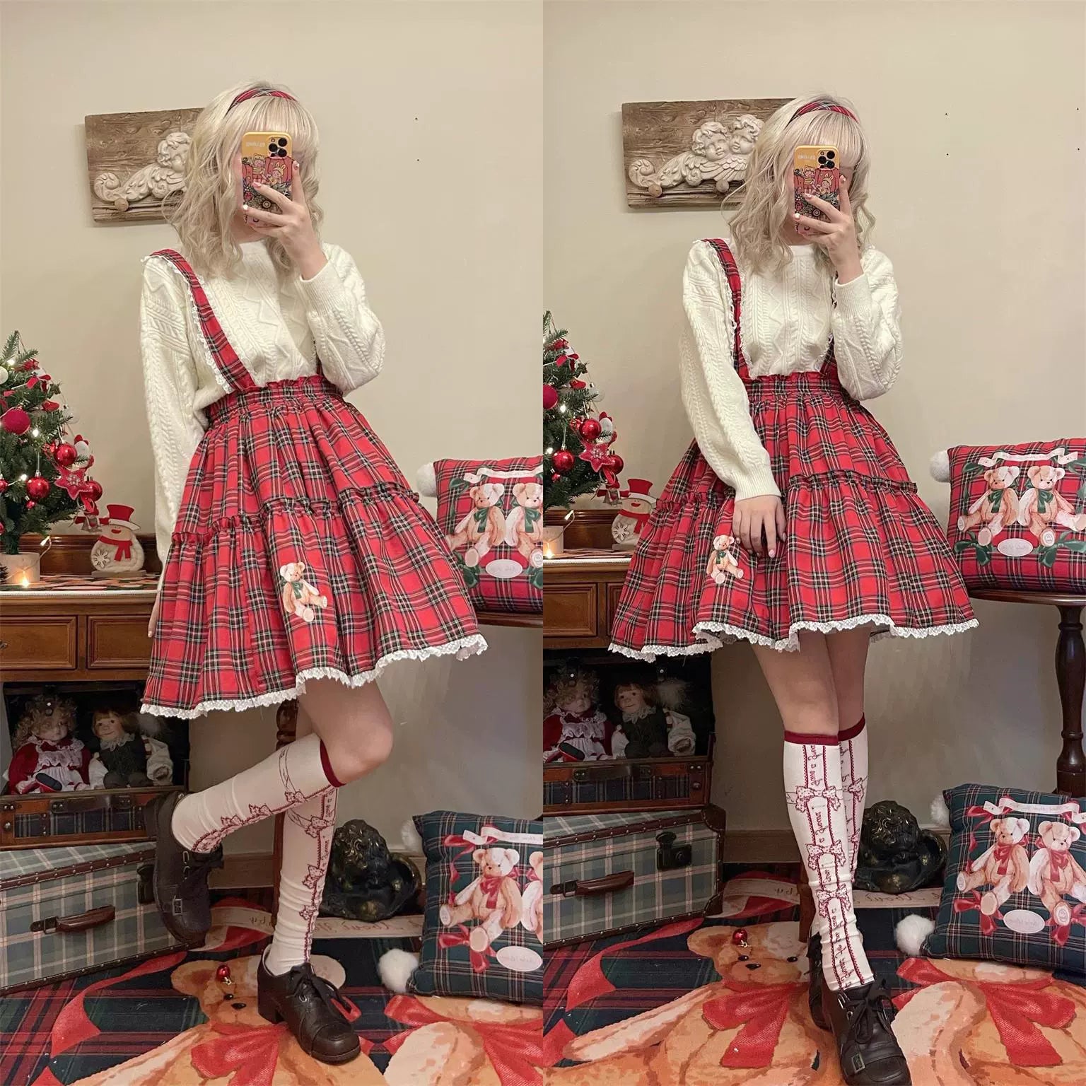 Christmas Vintage Lolita Skirts Doll Collar Blouse Plaid Skirt Set