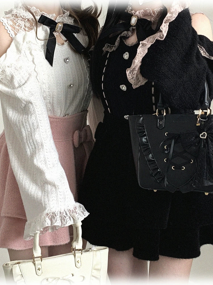 KittyBxllet Original【Love Lace / Autumn-Winter】Lace Sheer “Little Tricks” One-Shoulder Off-Shoulder Top