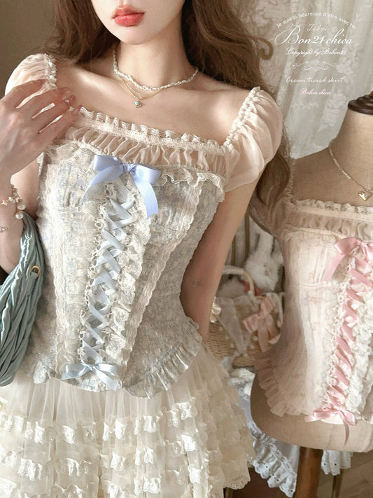 “Flower Mirror” French Girl Vintage Floral Two-Piece Bustier Top T2410