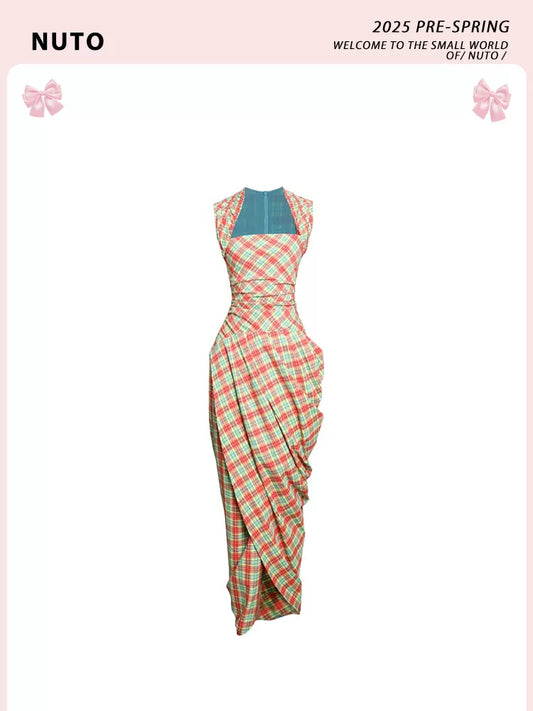 【Limited-Time Clearance】Celebrity-Style Plaid Floral Ruched Tailored Asymmetric Detail Fitted Mermaid Dress