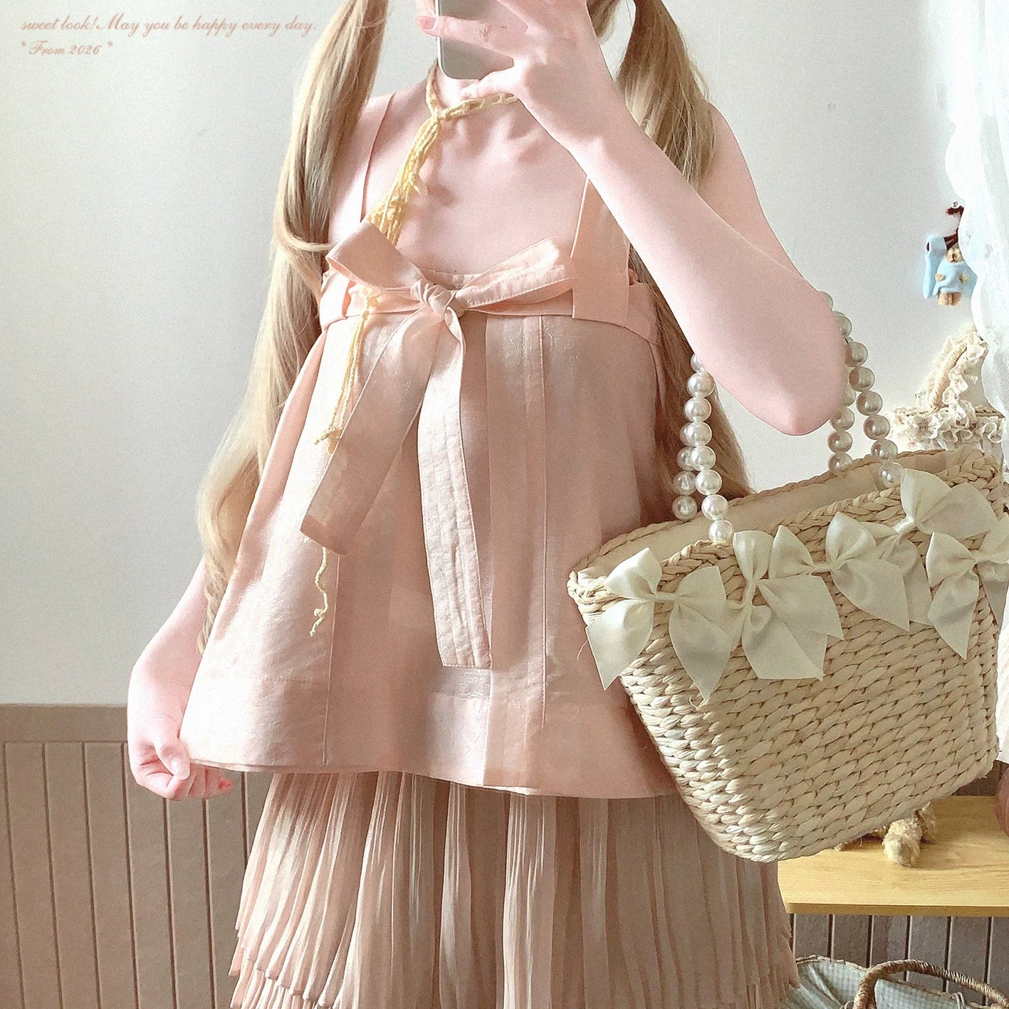 Last-piece **myyj** Cotton Elegant Chinese-Style Jacquard with Subtle Pattern, Relaxed Tie-Strap Butterfly Bow Slip Dress*