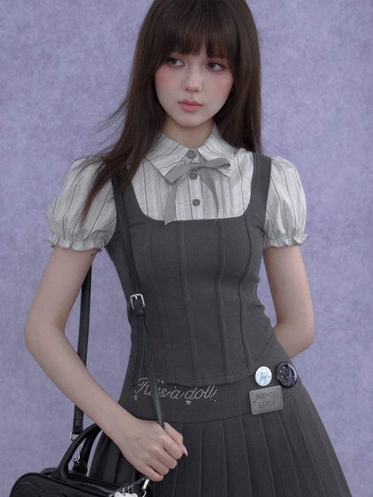 SagiDolls Girls’ Classic Style! Sweet School-Girl Look, Faux Fishbone Bubble-Sleeve Two-Piece Short Top