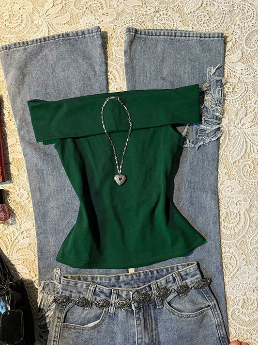 Green Off-Shoulder T-Shirt for Women Summer Vintage Thrift Style Sleeveless Fitted Waist Top