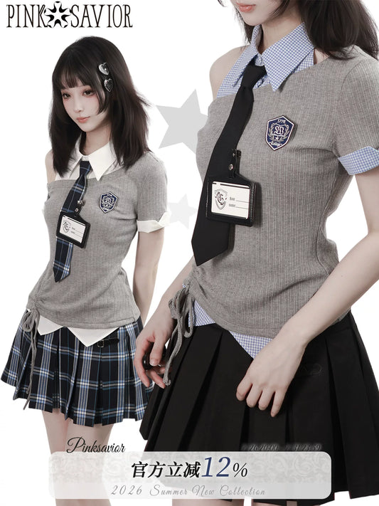 Ready Stock: “Gentle Rules” Off-Shoulder Ribbed Button-Trim Corset-Waist Shirt Top + Camisole Pleated Skirt (Slimming Look)