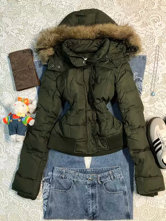 green fur collar hooded cotton jacket