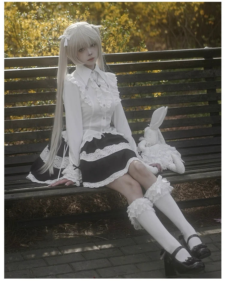 Gothic Lolita Blouse Black White Waist-Tie Shirt