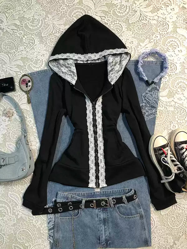 Black lace stitching sweatshirt jacket